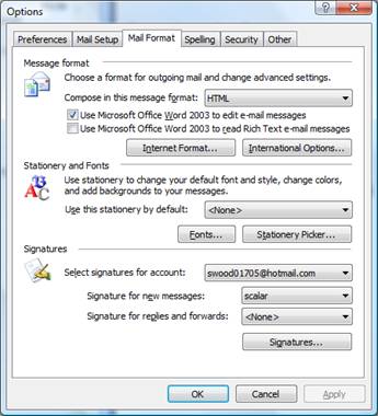 Outlook options dialogue