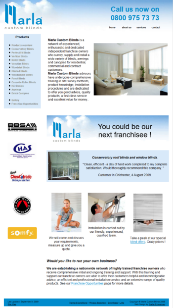 Marla Custom Blinds Franchise business web site. Design by Scalar Enterprises. Site content maintained by client with support of Scalar Enterprises as required Marla Custom Blinds Home page